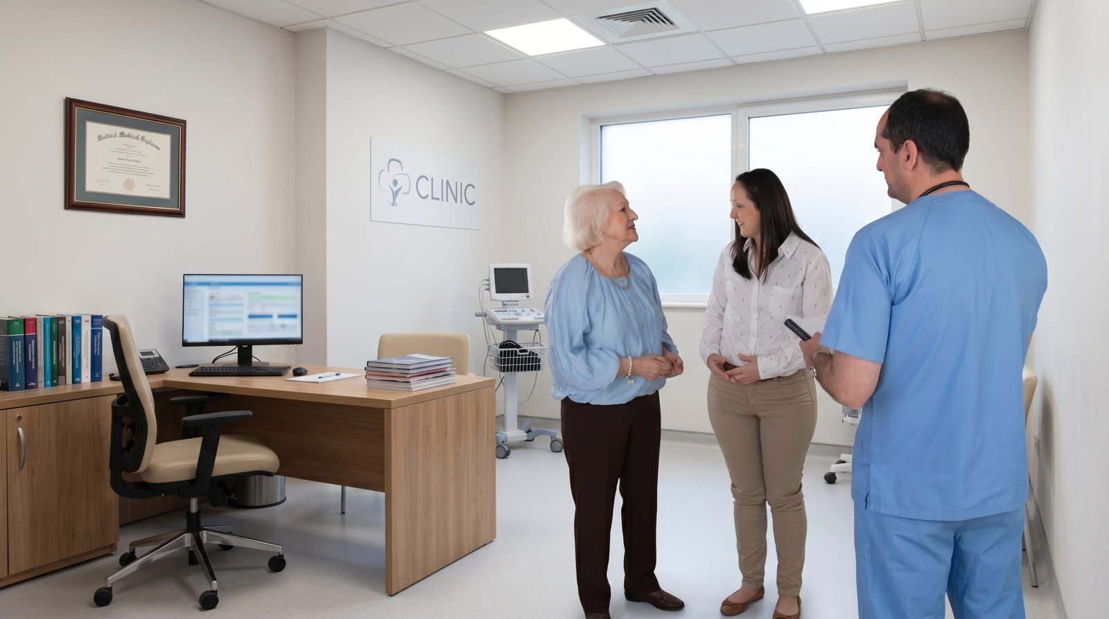 Medical interpreter helping an English-speaking patient communicate with a Spanish healthcare professional during a hospital appointment.