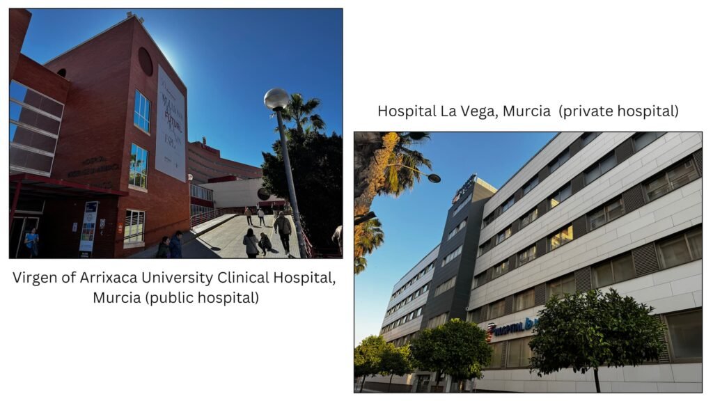 Comparison between public and private healthcare in Murcia, showing Virgen de la Arrixaca University Clinical Hospital and Hospital La Vega.