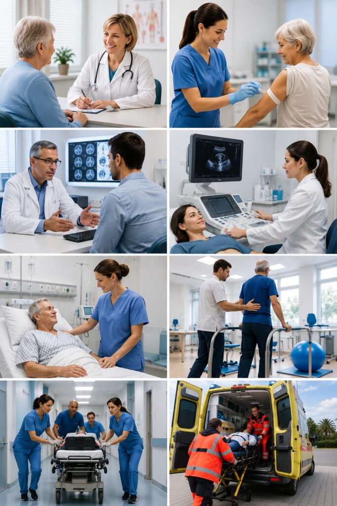Collage showing healthcare services available through Spain's public healthcare system, including GP appointments, nursing care, specialist consultations, diagnostic tests, hospital treatment, rehabilitation, emergency healthcare and medical transport.