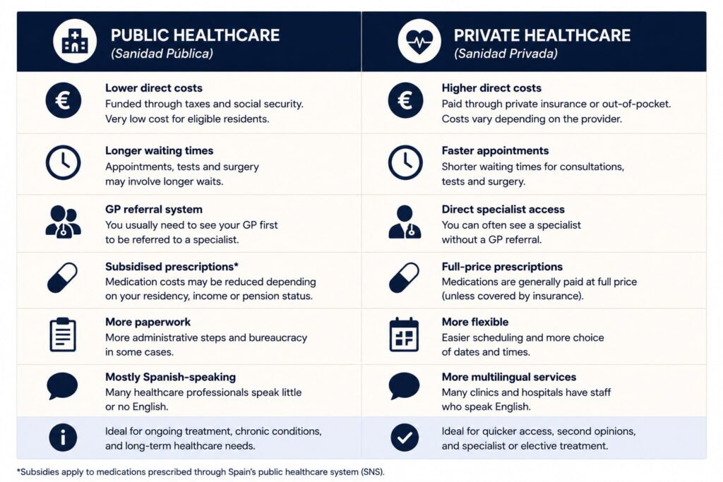 Public vs private healthcare in Spain comparison chart for expats and English-speaking residents, showing differences in waiting times, prescription costs, specialist access, and healthcare services.