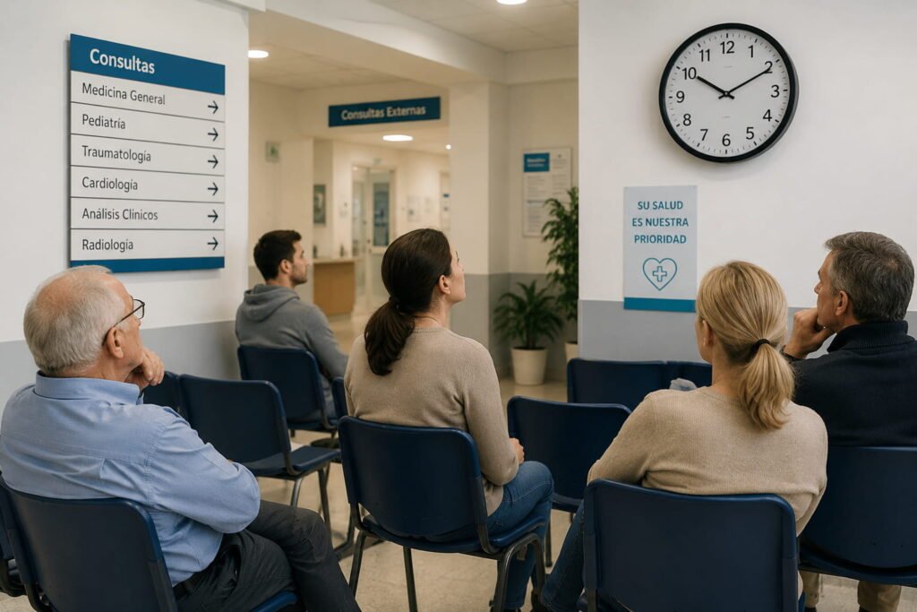 Patients waiting for a medical appointment in Spain, illustrating healthcare waiting times for public and private healthcare services.