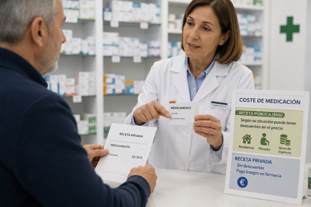 Pharmacist explaining medication costs in Spain and the difference between public and private prescriptions