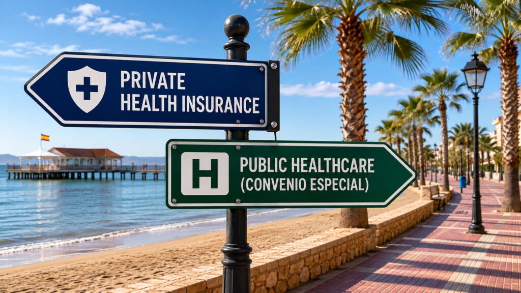 Road sign comparing private health insurance and public healthcare through the Convenio Especial in Spain