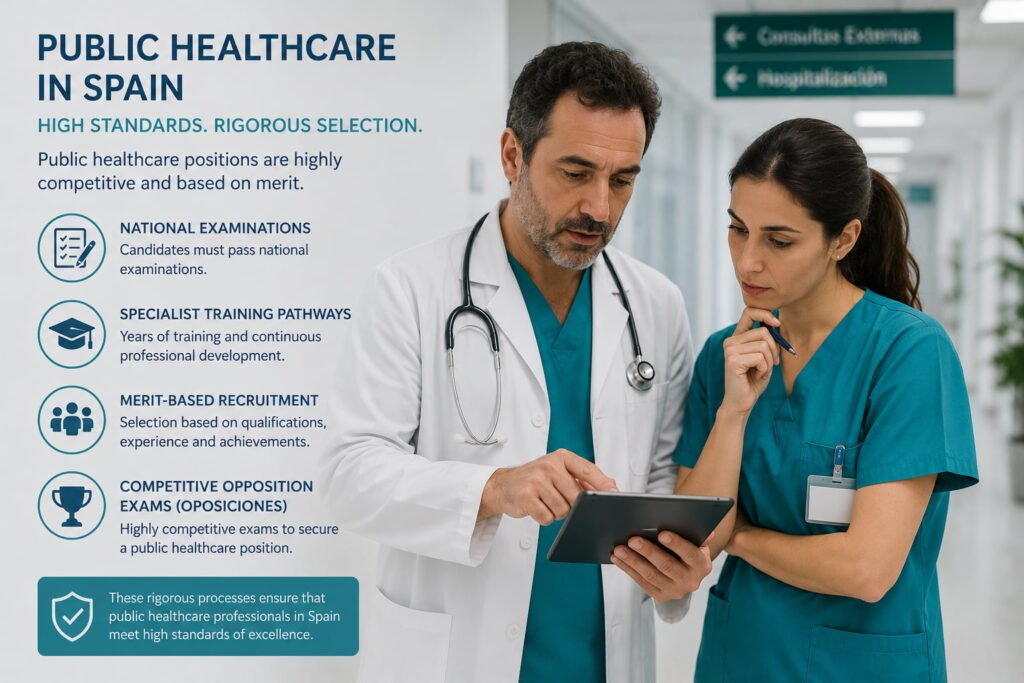 Healthcare professionals discussing patient care in Spain, illustrating the healthcare system that English-speaking residents often need help navigating.