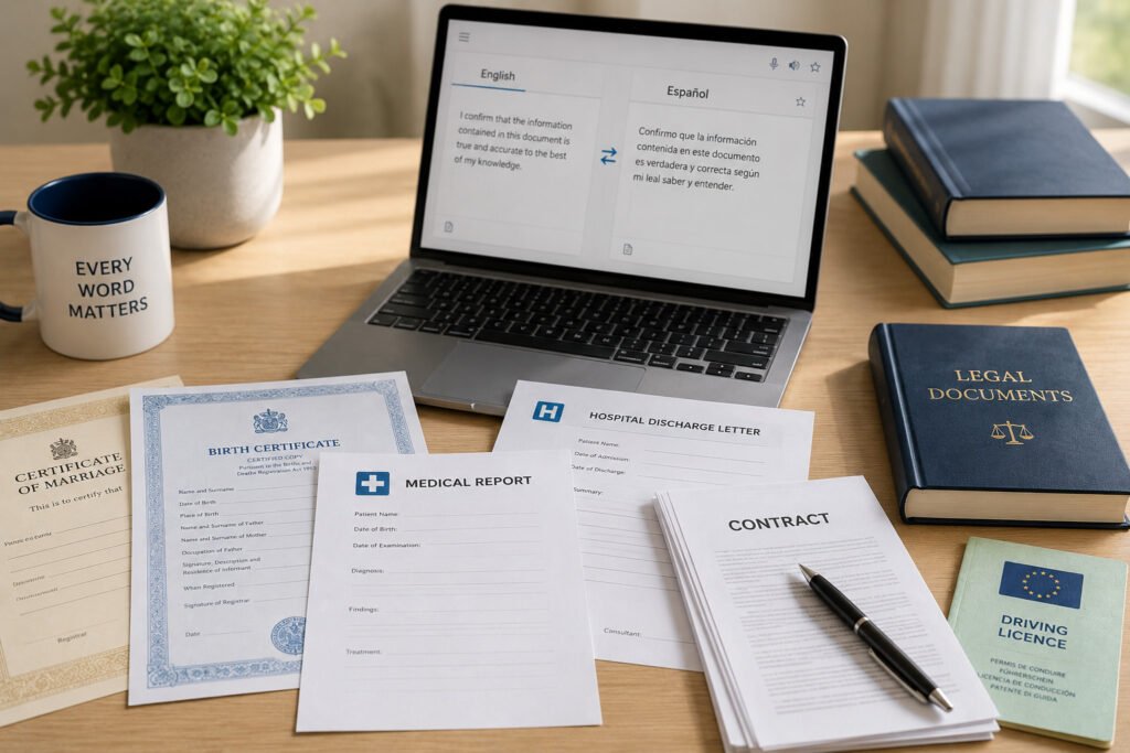 English and Spanish document translation support for medical, legal and official paperwork in Spain.