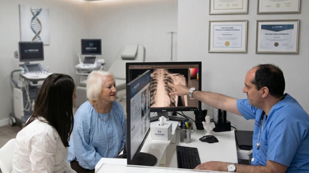 Medical interpreter helping an English-speaking patient communicate with a Spanish doctor during a healthcare appointment in Murcia and Torrevieja.