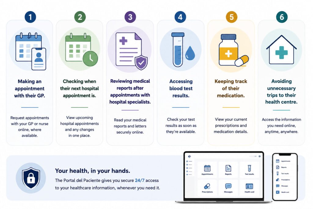 Infographic showing the main features of the Murcia Health App (Portal del Paciente), including GP appointments, hospital appointments, prescriptions, medical reports and blood test results.