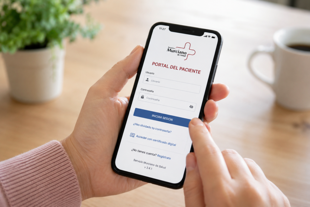 Person accessing the Portal del Paciente app on a smartphone to view healthcare information in Murcia.