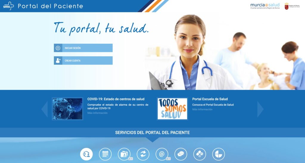 Homepage of the Portal del Paciente, the official online patient portal of the Servicio Murciano de Salud (SMS) in the Region of Murcia.