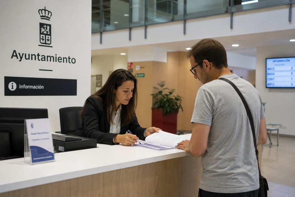 Expat registering on the padrón (empadronamiento) at the information desk of a Spanish town hall (Ayuntamiento).