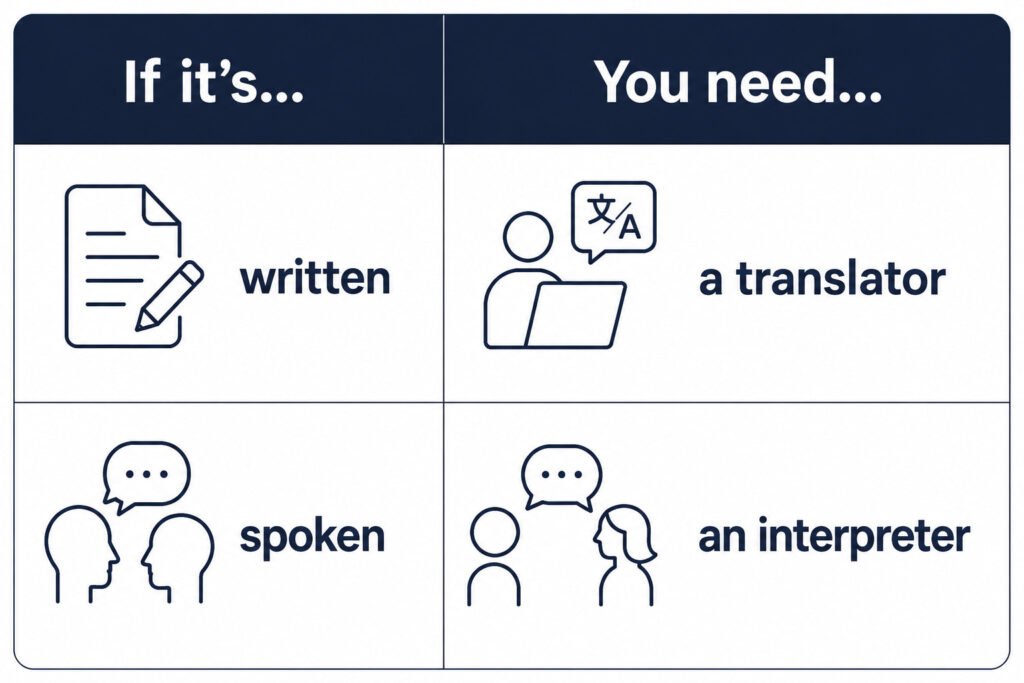 Comparison table showing when to use a translator for written documents and an interpreter for spoken conversations in Spain.