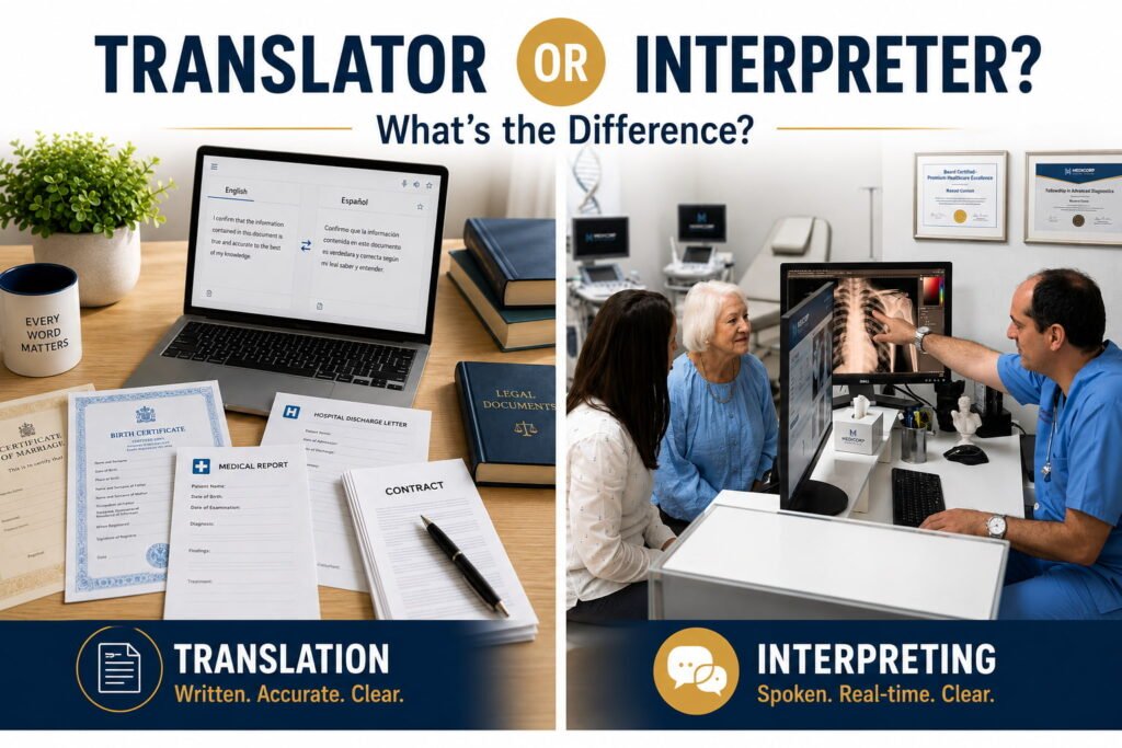 Translator vs interpreter in Murcia and Torrevieja: document translation compared with medical interpreting.